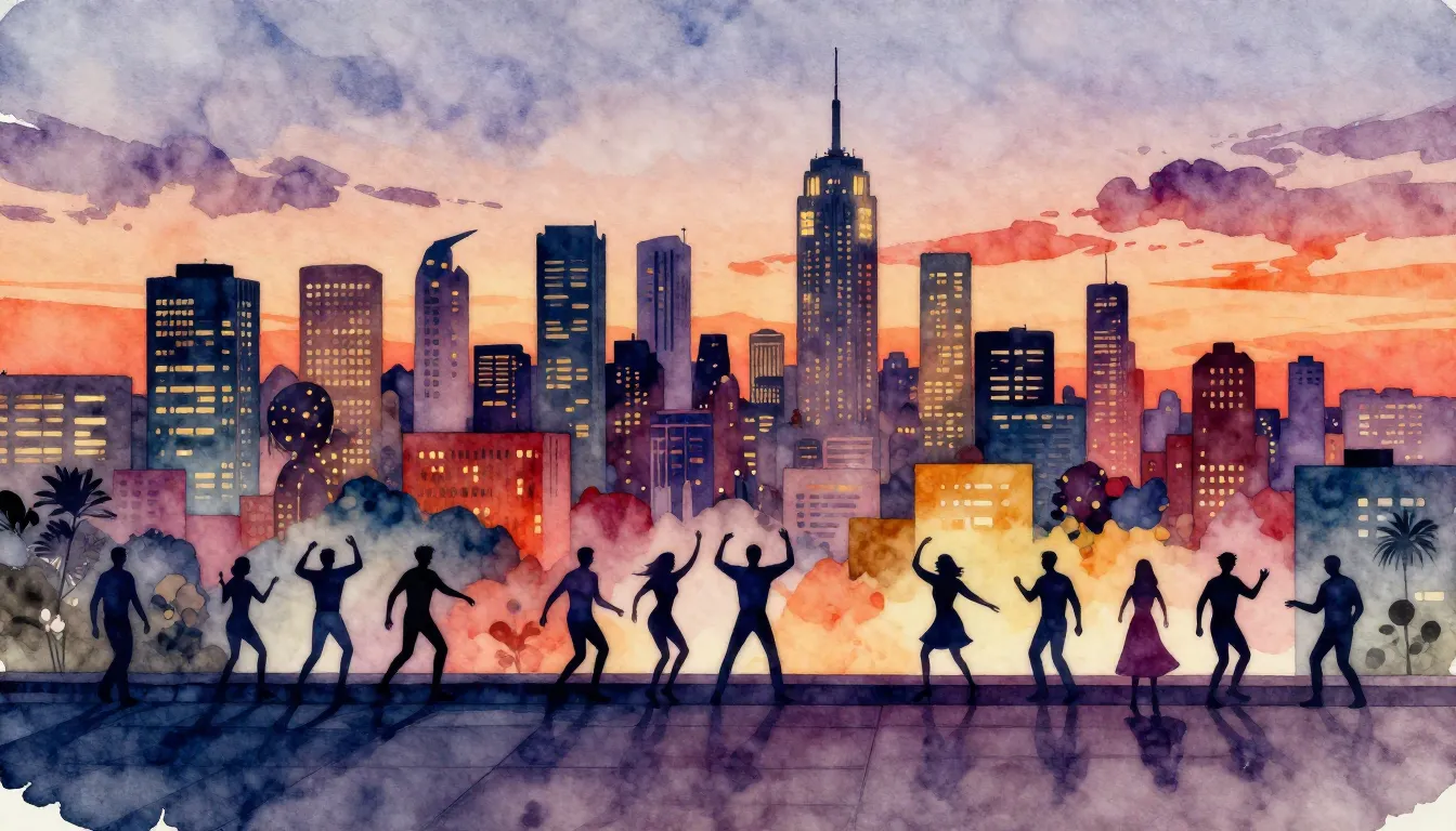 Watercolor style. A vibrant city skyline at sunset with silh...