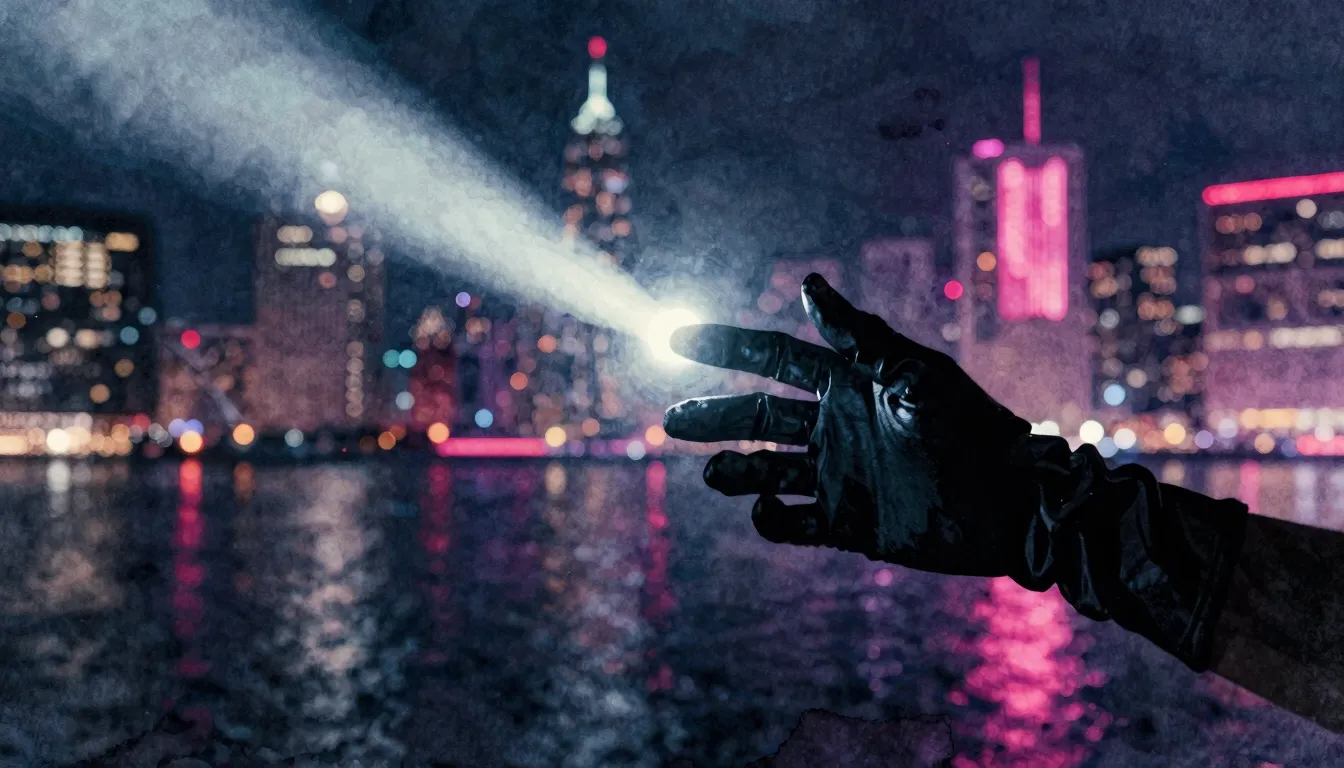 Watercolor style. Neon city lights reflecting on a dark danc...