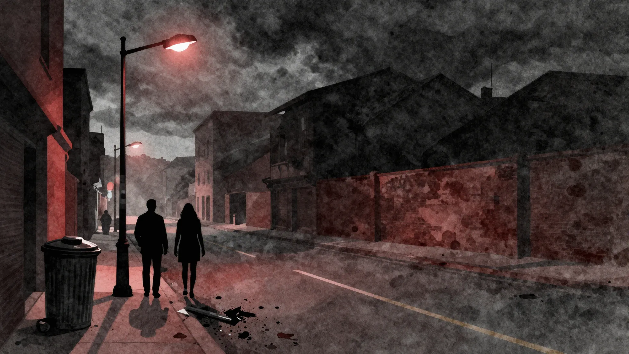 Watercolor style. Dark gloomy street in the south of a city,...