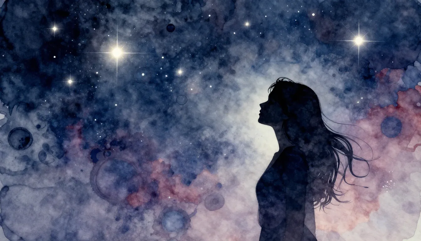 Watercolor style. A silhouette of a woman looking at the sta...