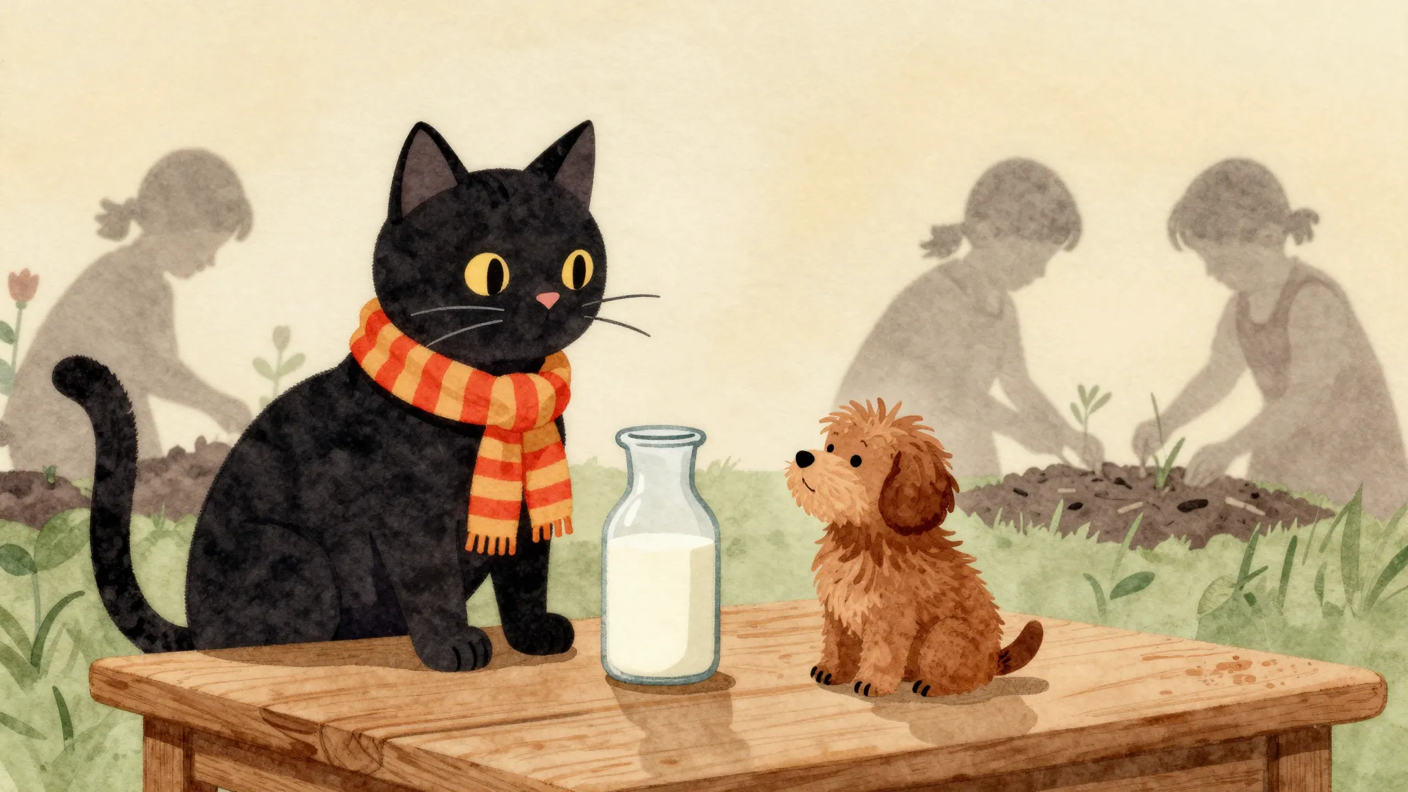 Watercolor style. A stylized silhouette of a cat in a stripe...