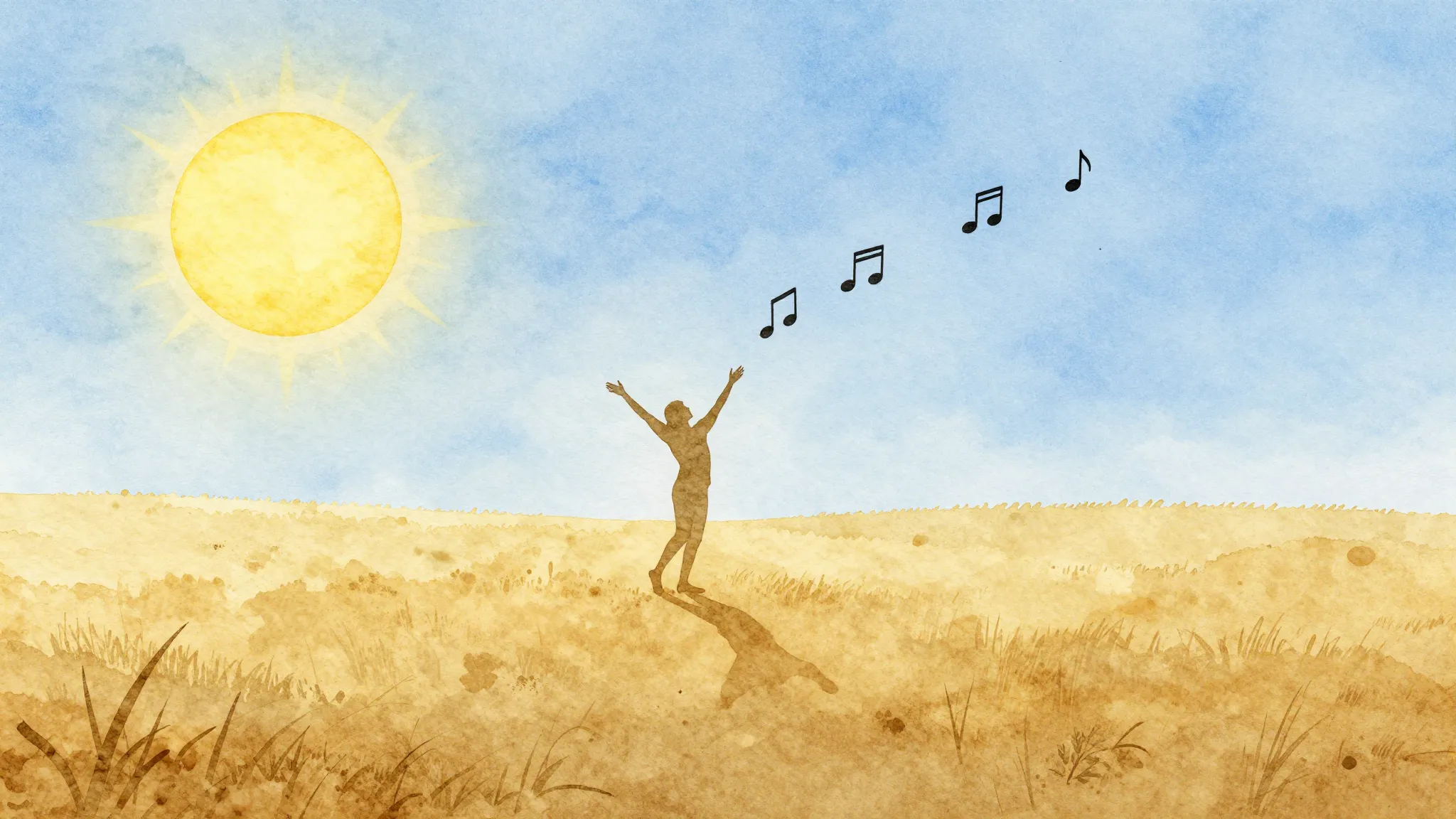 Watercolor style. A wide field with a silhouette of a person...