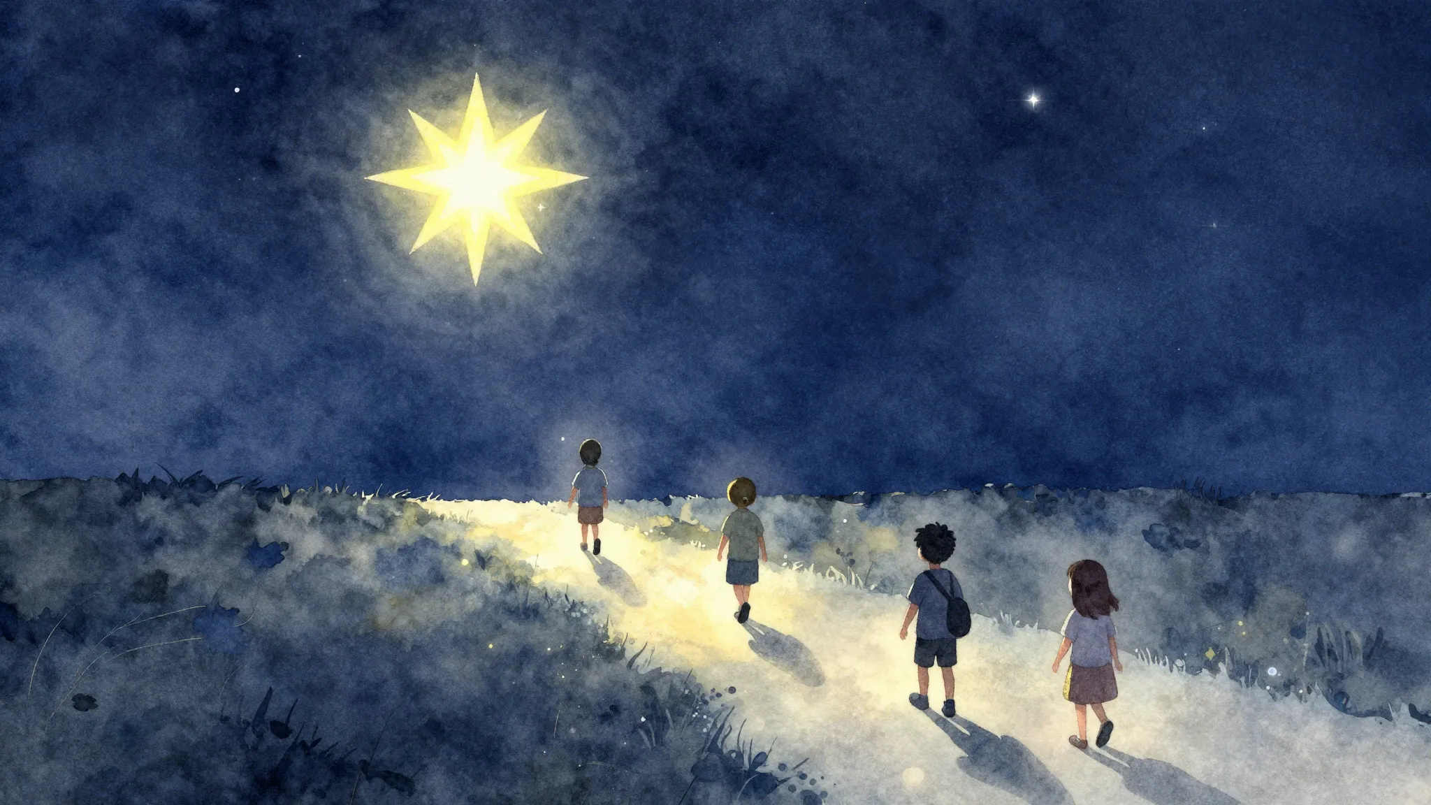 Watercolor style. A bright shining star in the night sky, il...