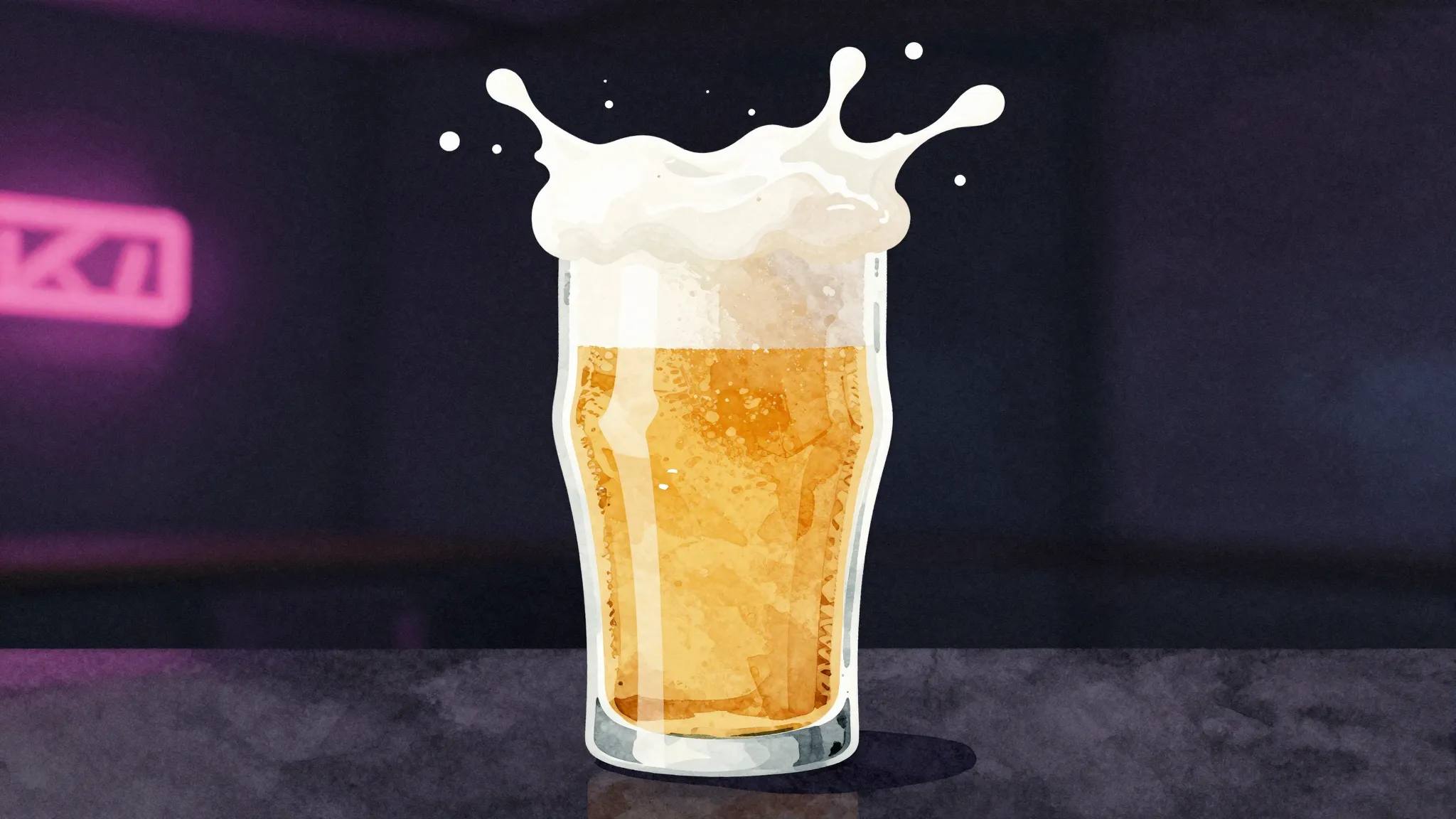 Watercolor style. Silhouette of a glass of beer with foam sp...
