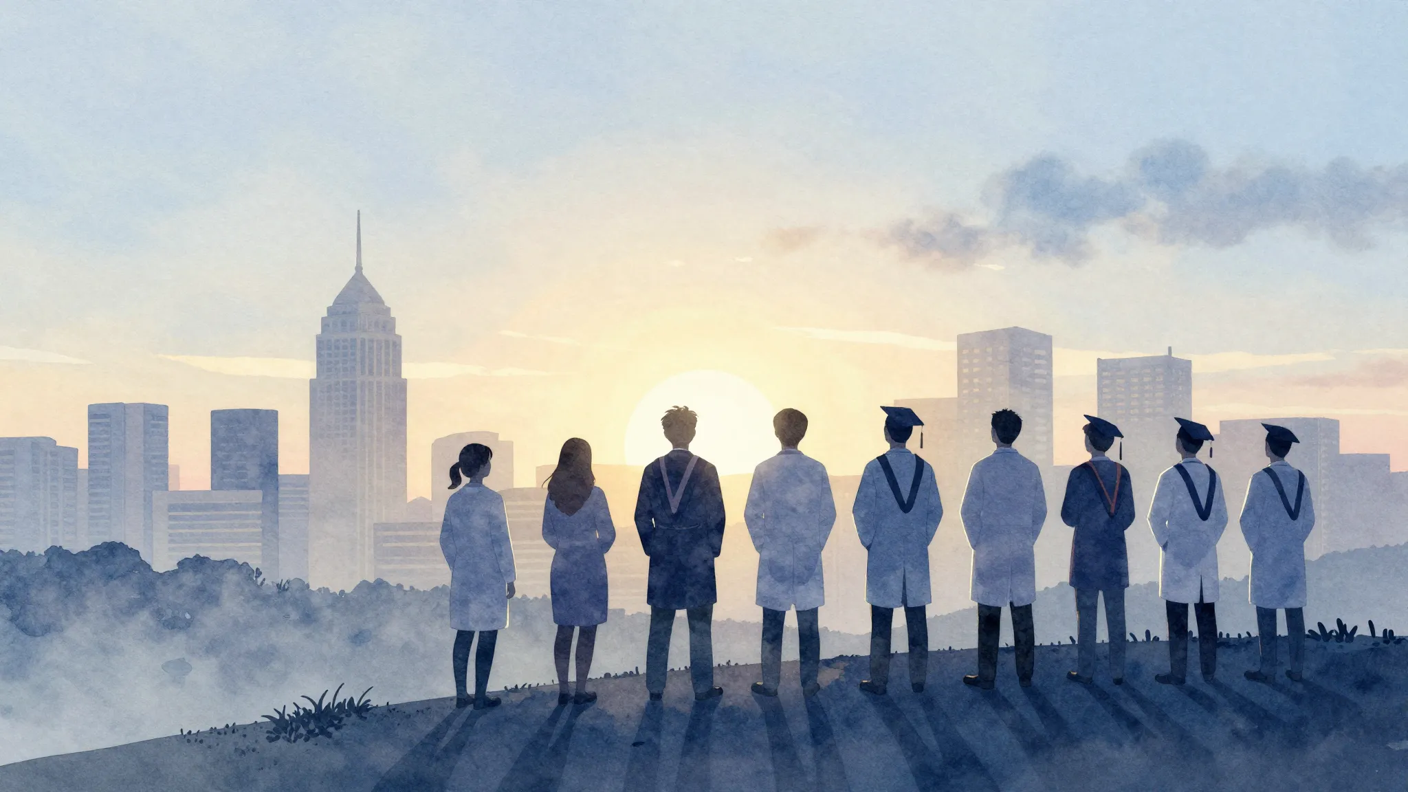 Watercolor style. A silhouette of a group of graduates in me...