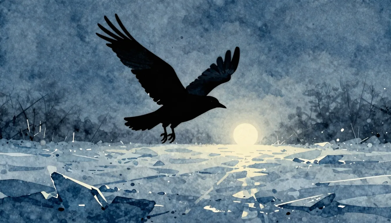 Watercolor style. A dark silhouette of a bird flying towards...