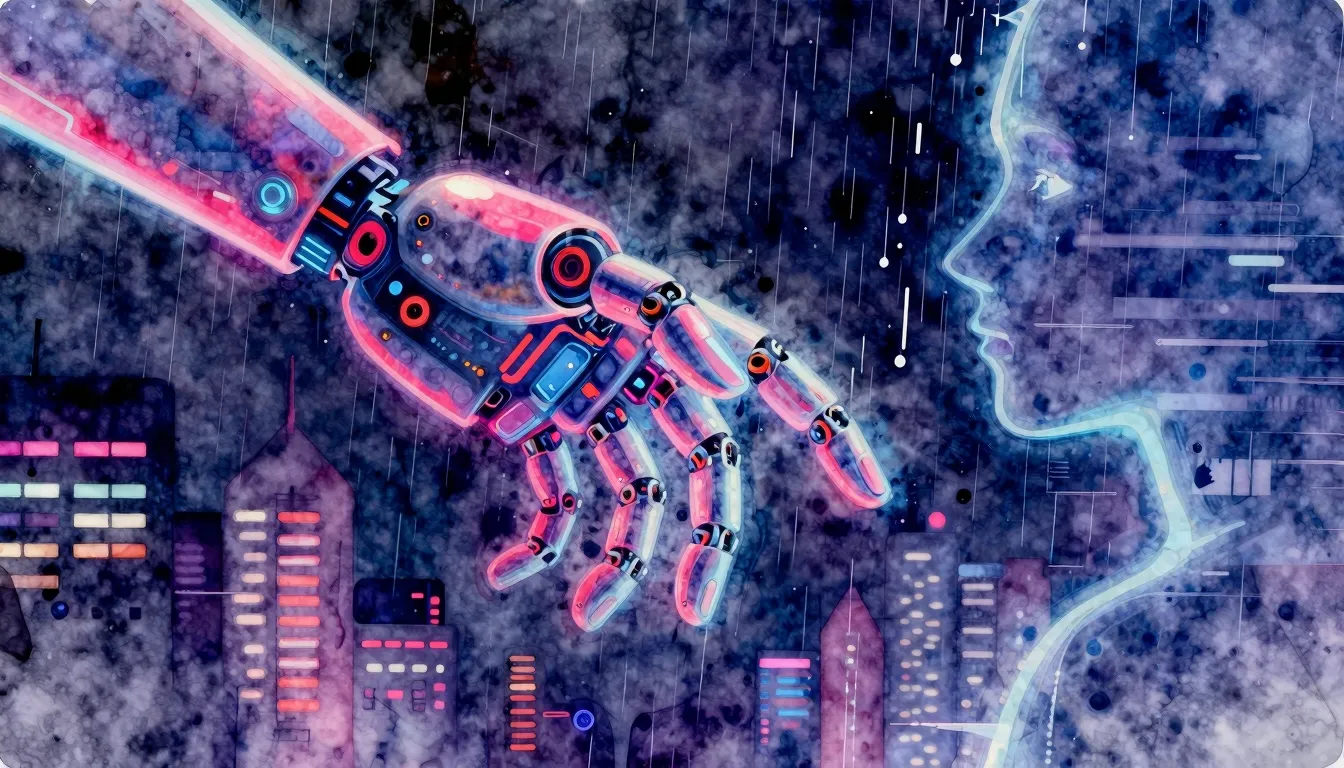 Vibrant watercolor style. Cyberpunk album cover, neon glow, ...