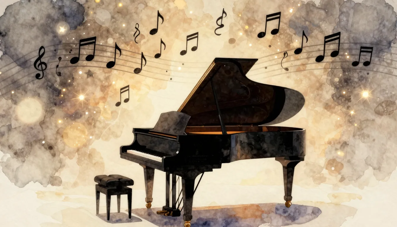 Watercolor style. Silhouette of a piano and musical notes fl...