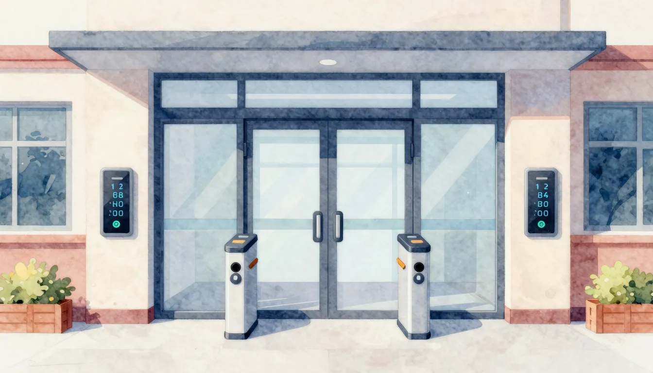 Watercolor style. Stylish school entrance, digital security ...