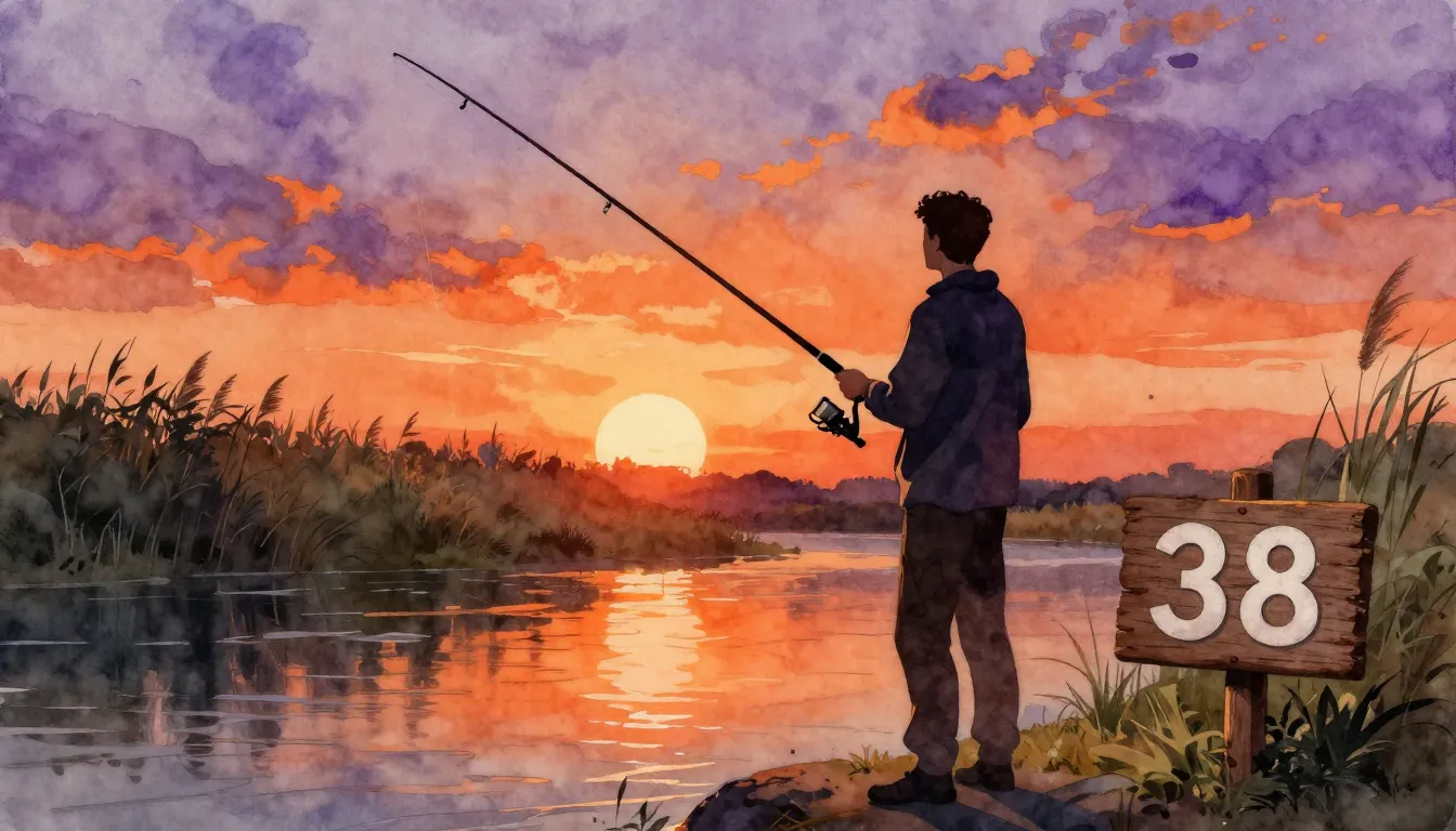 Watercolor style. A silhouette of a man with a fishing rod s...