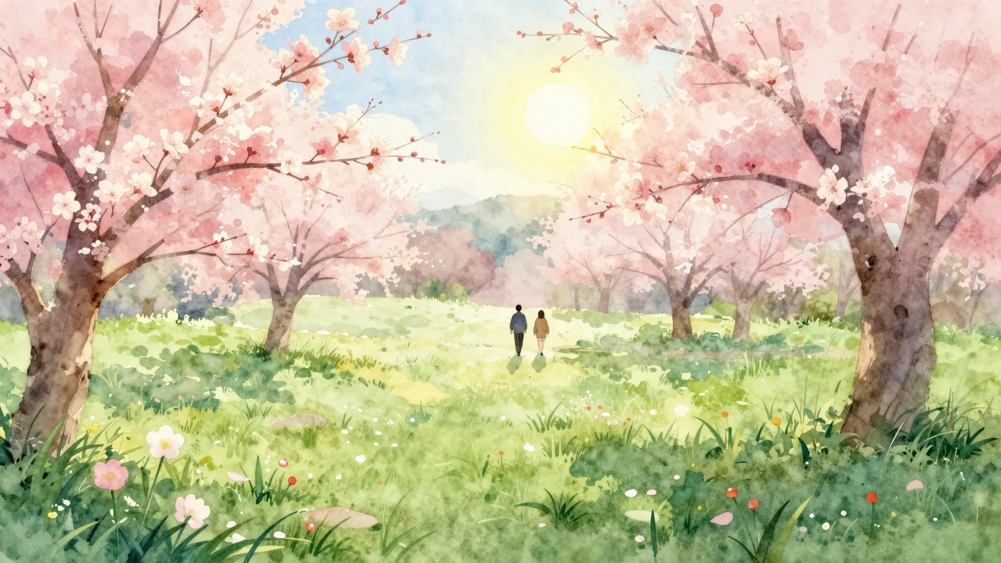 Watercolor style. A bright spring landscape with blooming fl...