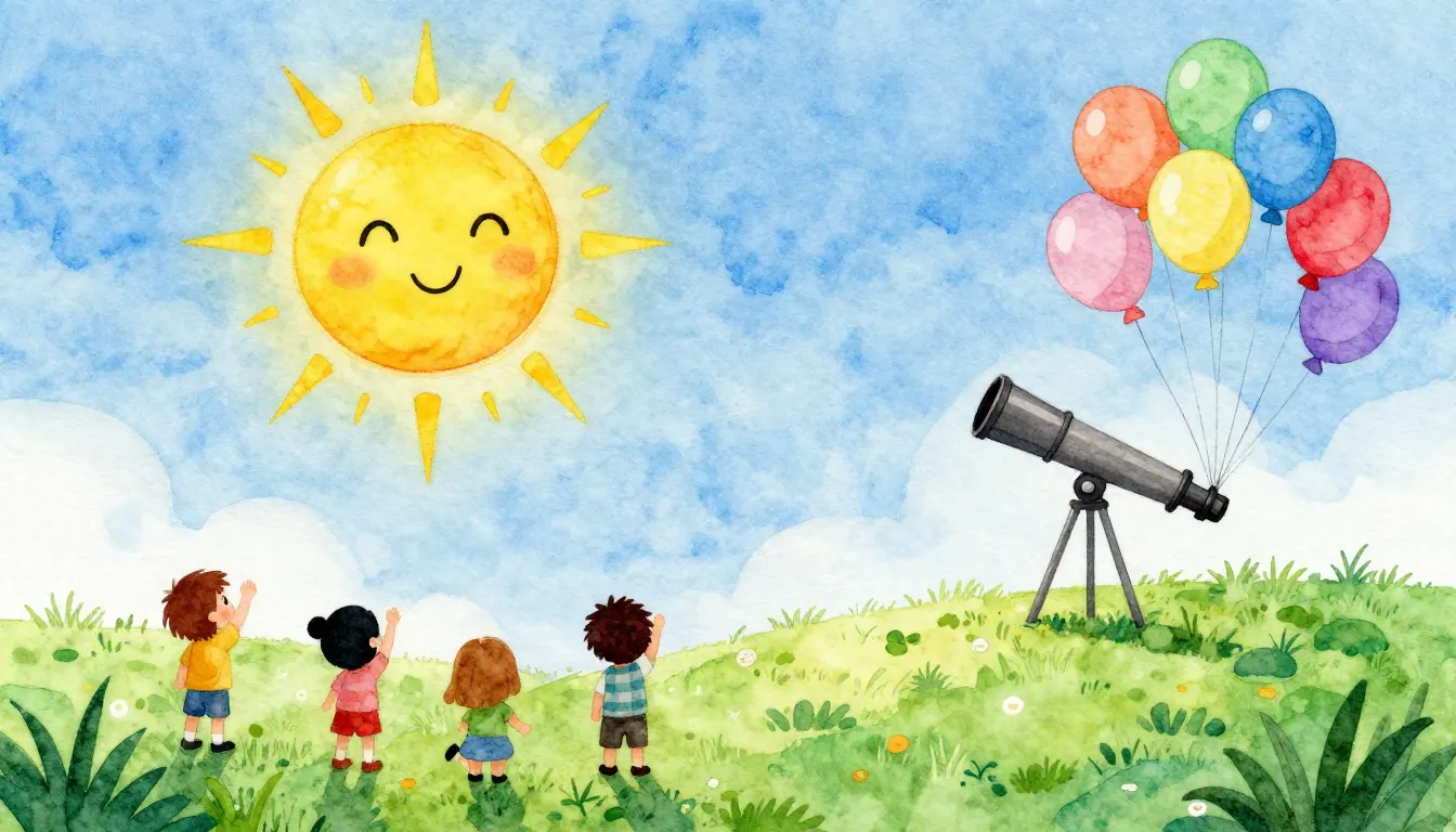 Watercolor style. A bright yellow sun with a smiling face in...