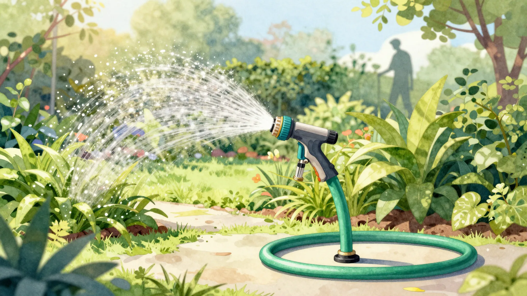 Watercolor style. A vibrant garden scene with a sleek, profe...