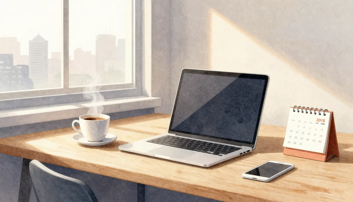 Watercolor style. Cozy minimalist workspace, a laptop on a w...