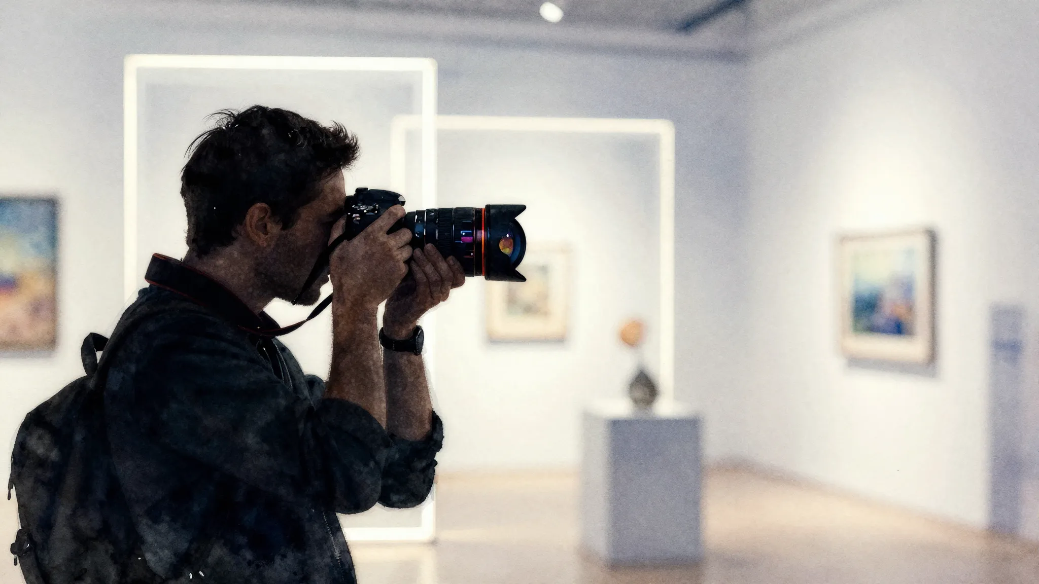 Watercolor style. A silhouette of a photographer with a came...