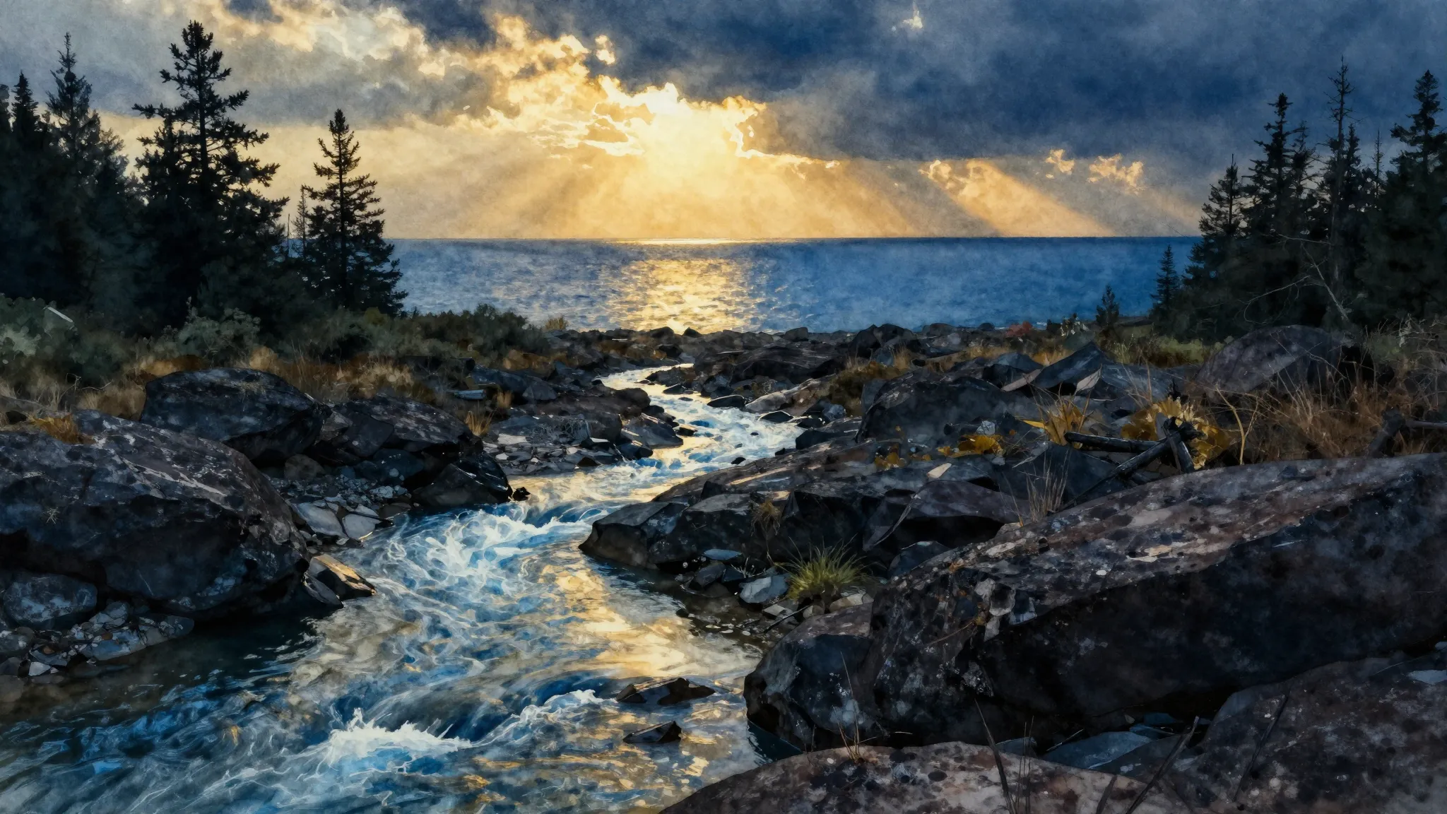 Watercolor style. A winding small river flowing through a da...