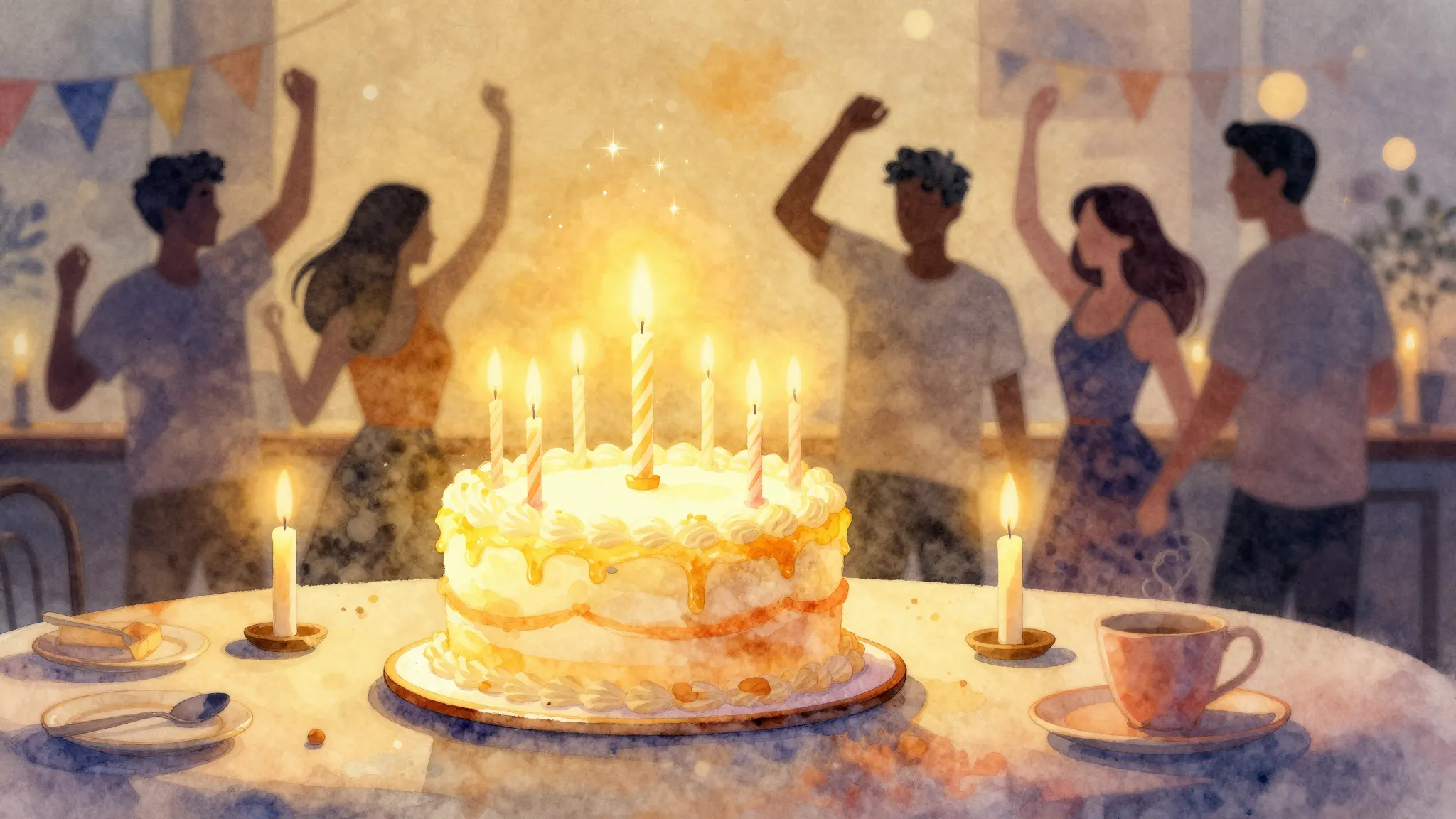 Watercolor style. A festive table with a large glowing cake ...