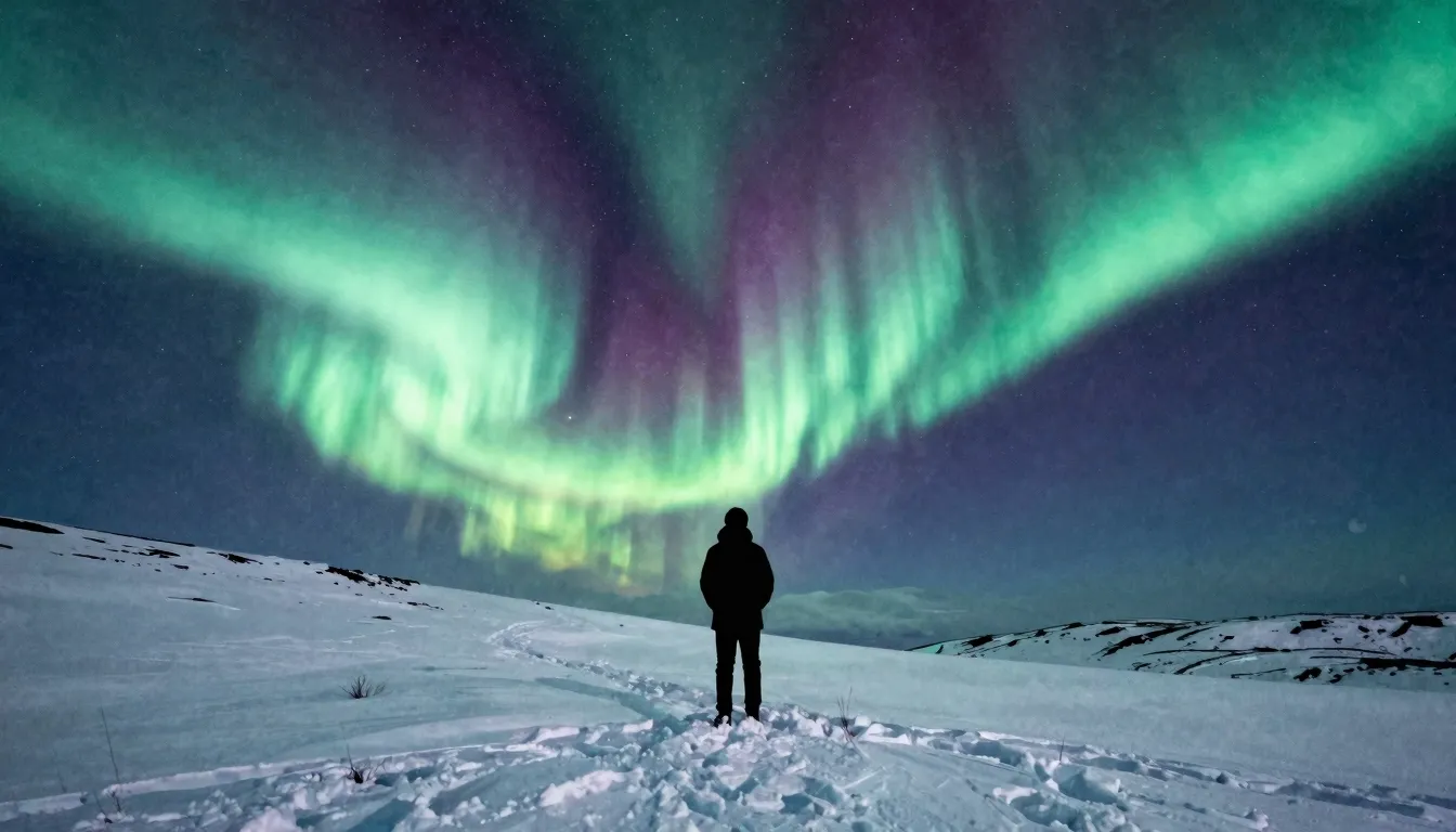 Watercolor style. A silhouette of a person stands on a snowy...