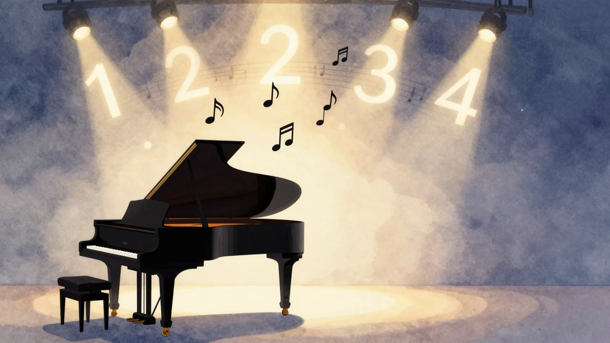 Watercolor style. Silhouette of a piano and musical notes fl...