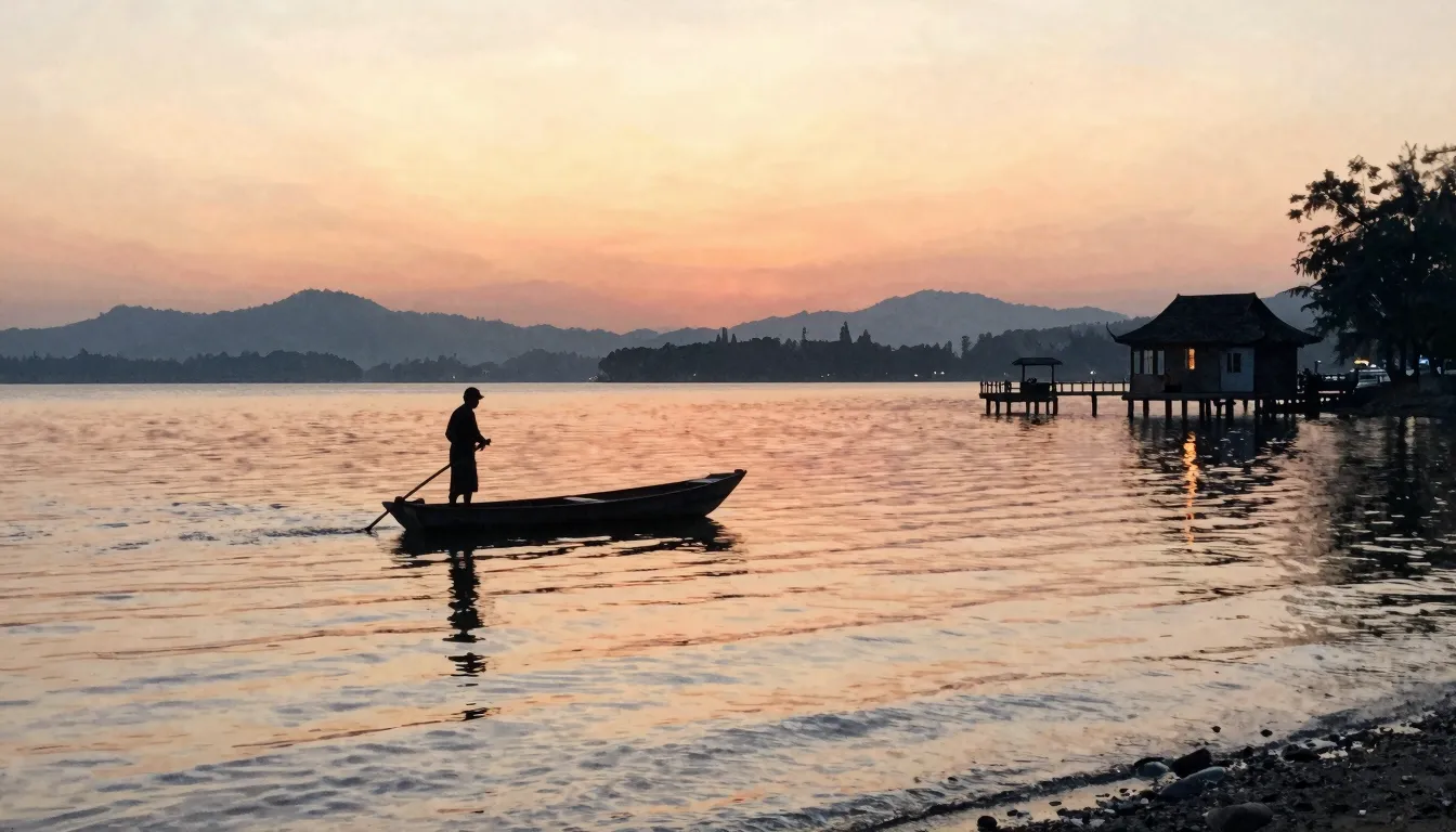 Watercolor style. A serene lake at sunrise, a silhouette of ...