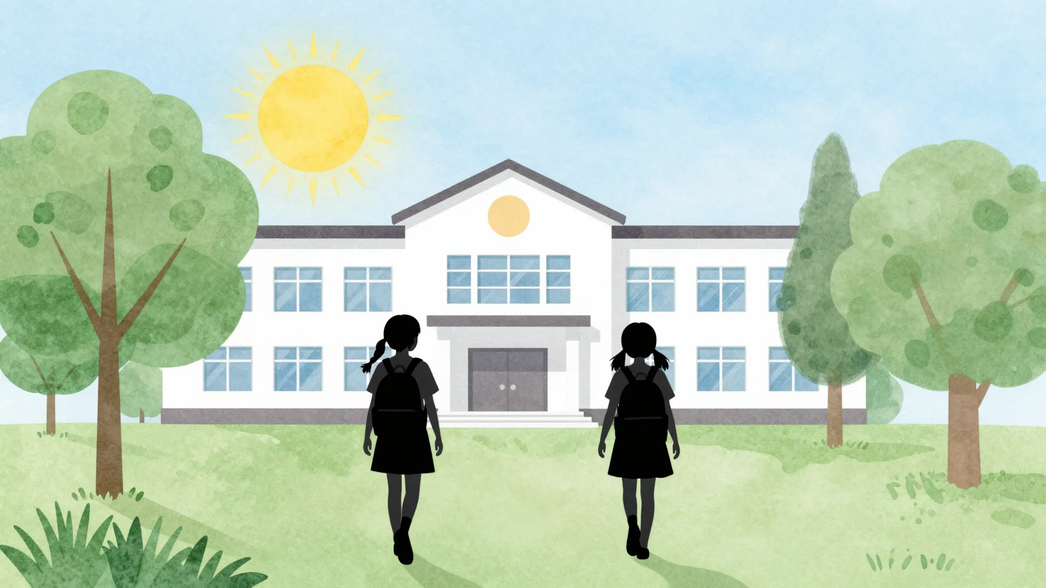 Watercolor style. Silhouettes of two young girls with backpa...