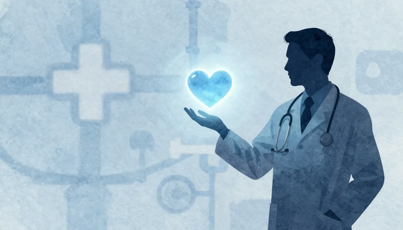 Watercolor style. A silhouette of a doctor holding a glowing...