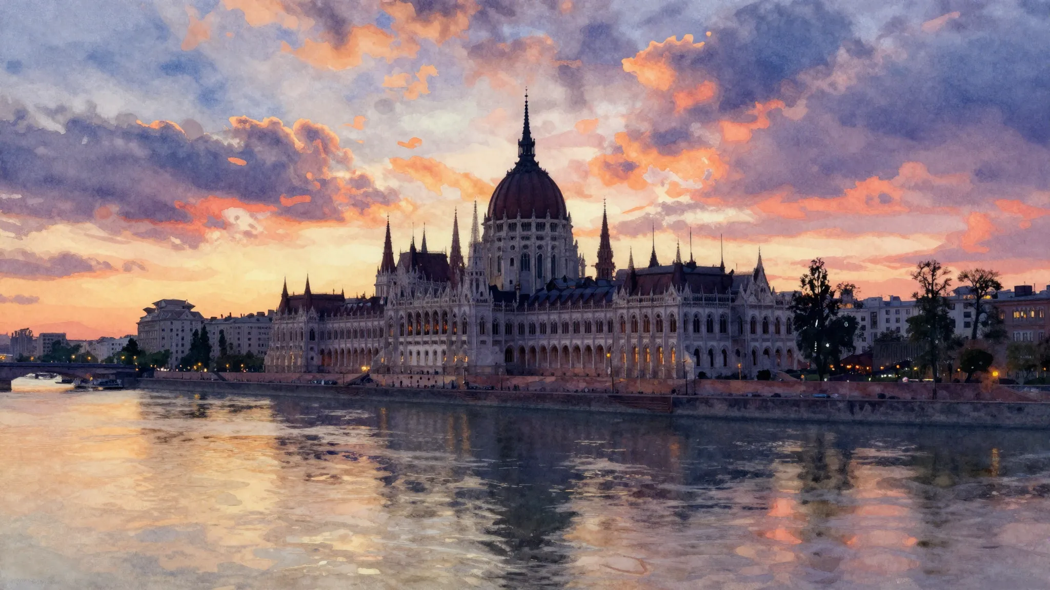 Watercolor style. A majestic old building silhouette on a ri...