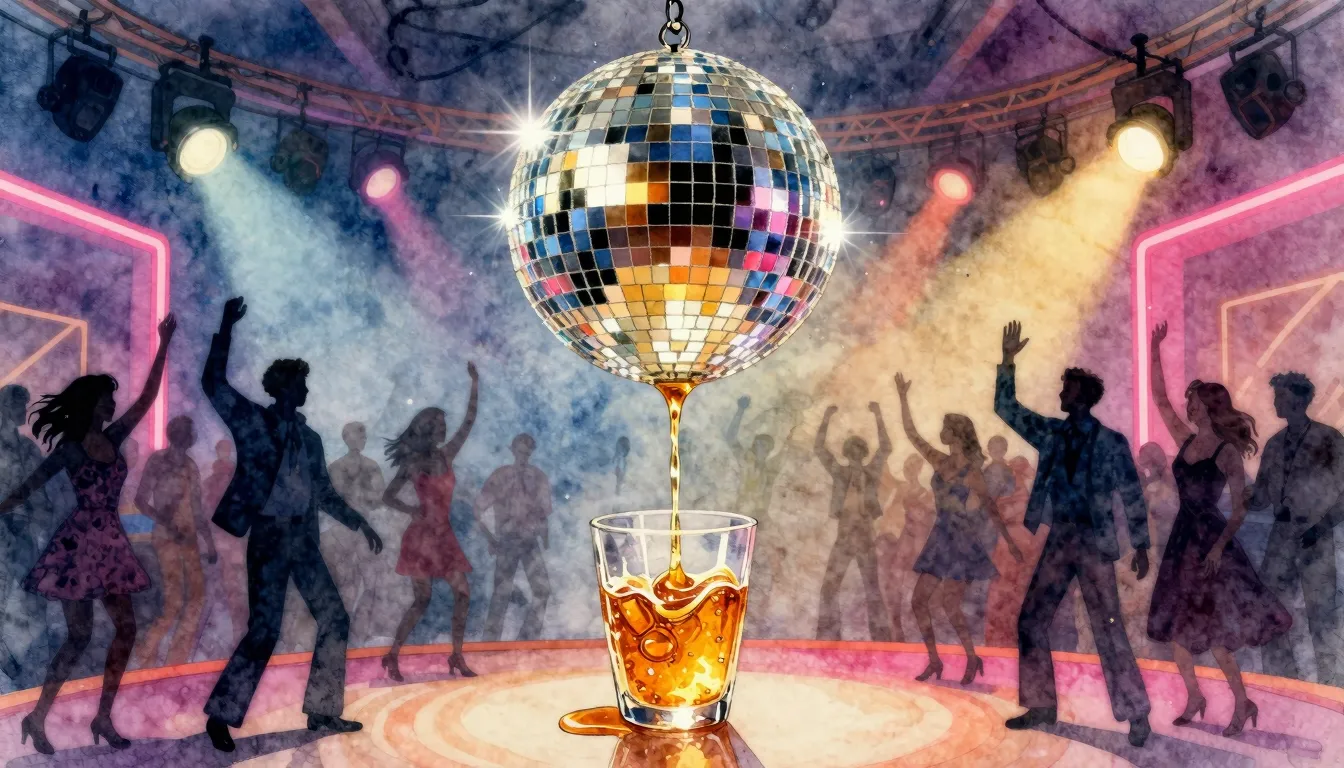 Watercolor style. A sparkling disco ball hanging over a danc...