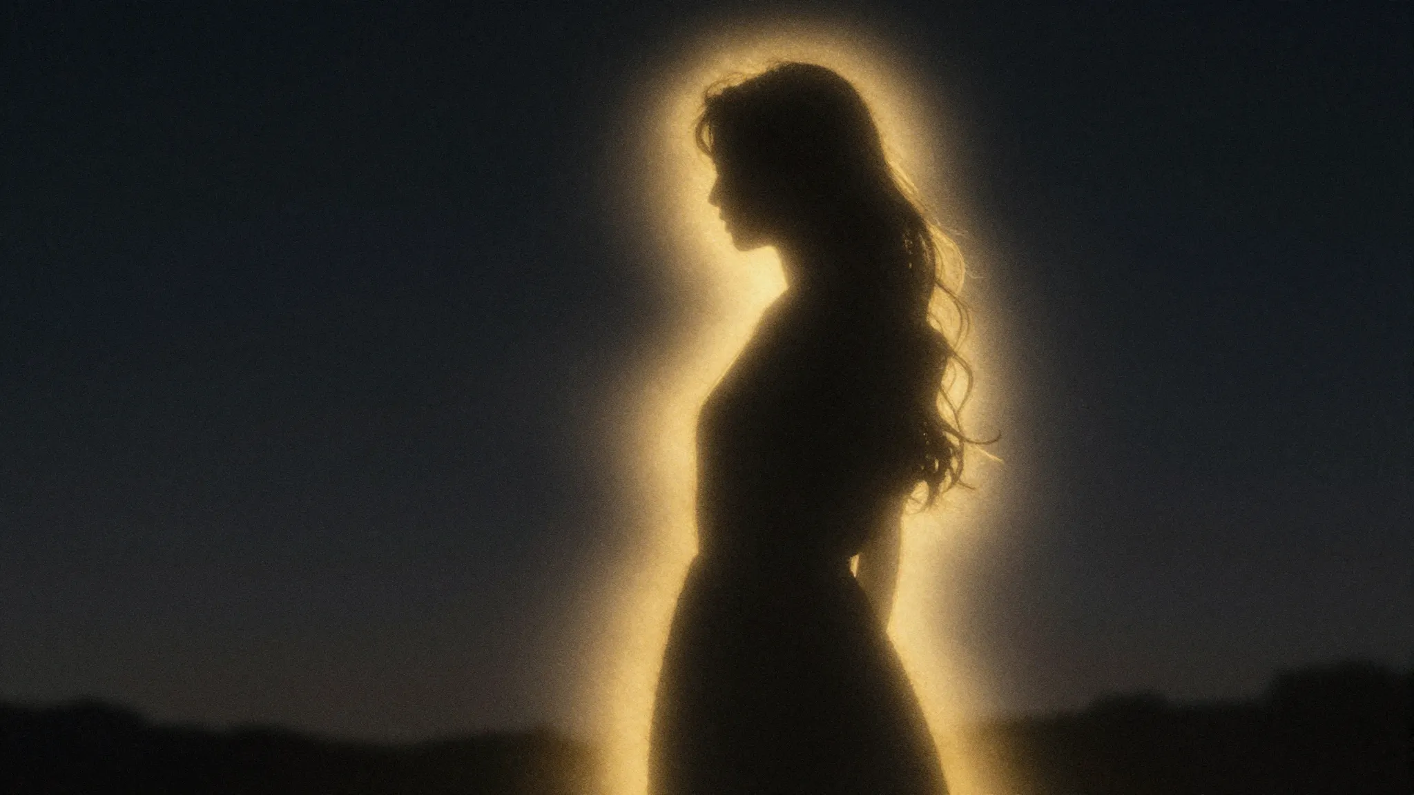 Watercolor style. Silhouette of a glowing figure in the dark...