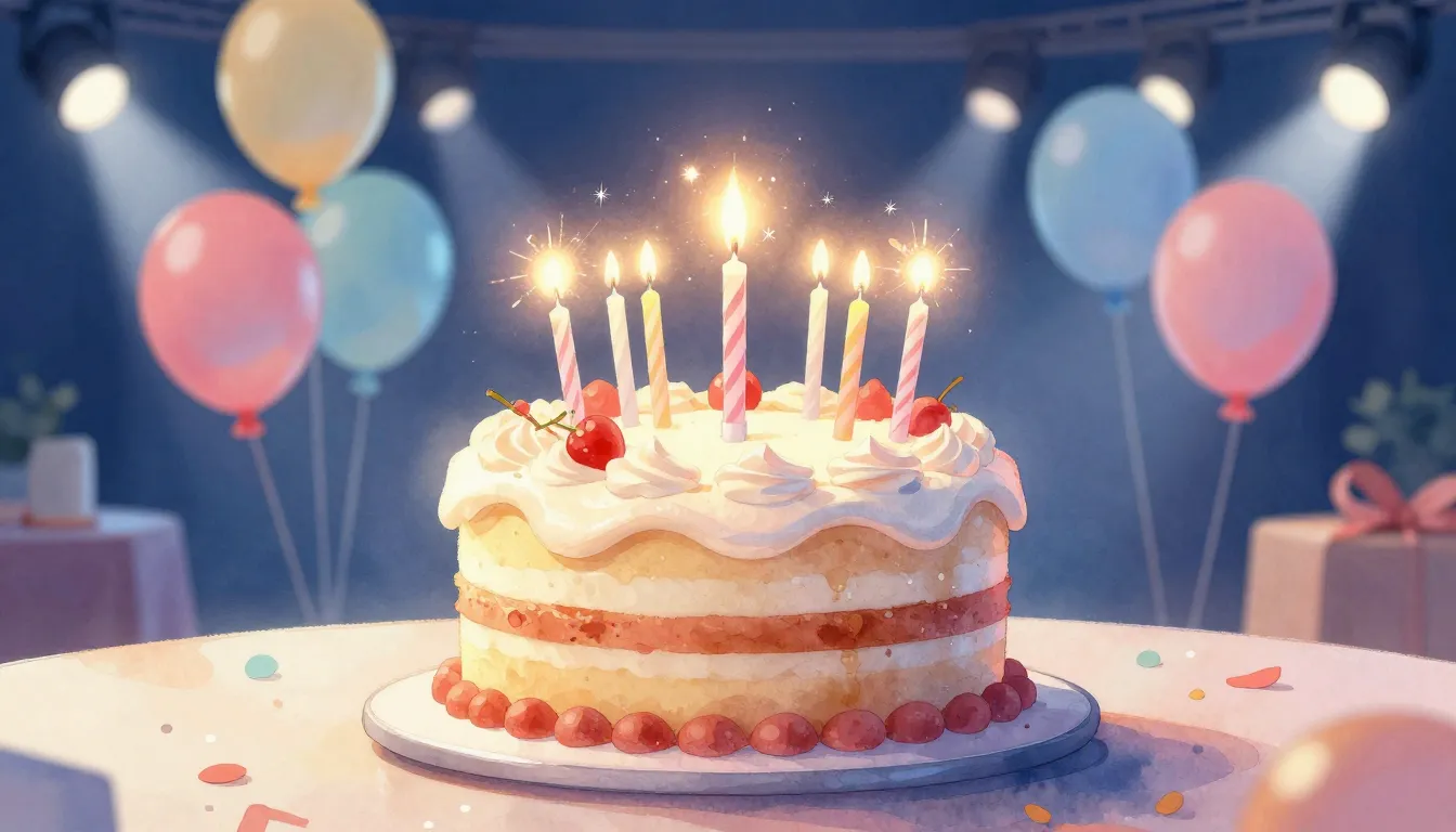 Watercolor style. A festive birthday cake with sparkling can...