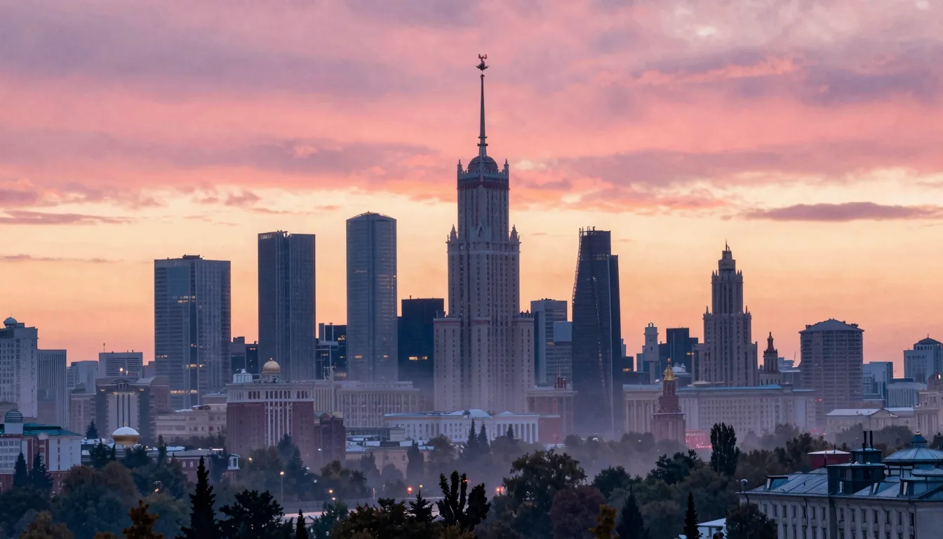 Watercolor style. Cinematic view of Moscow skyline at dawn, ...