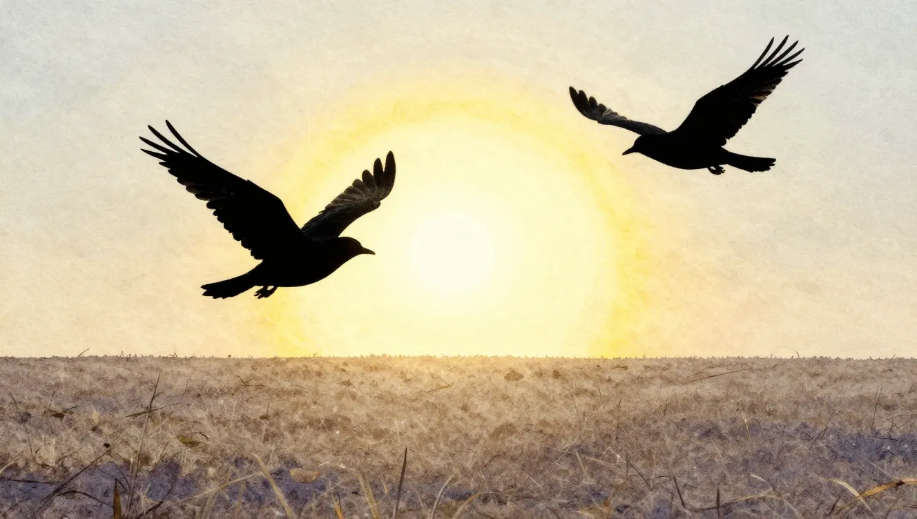 Watercolor style. A silhouette of a bird flying towards a br...