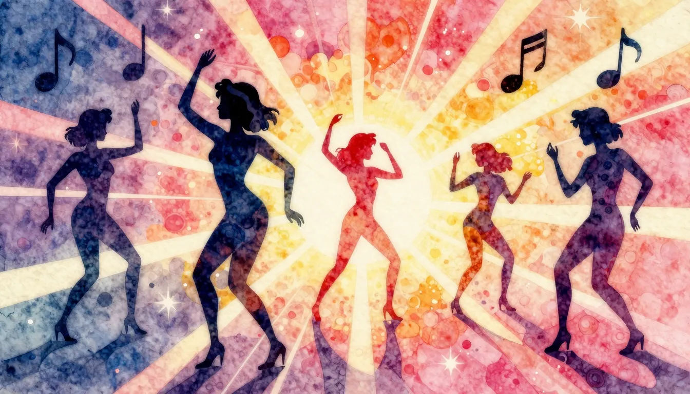 Vibrant watercolor style. Disco-funk album cover, vibrant co...