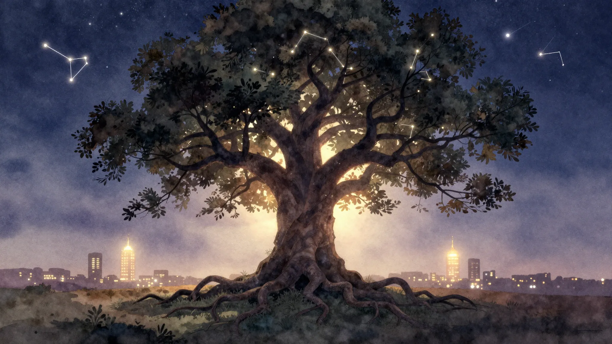 Watercolor style. A silhouette of a majestic, ancient tree w...