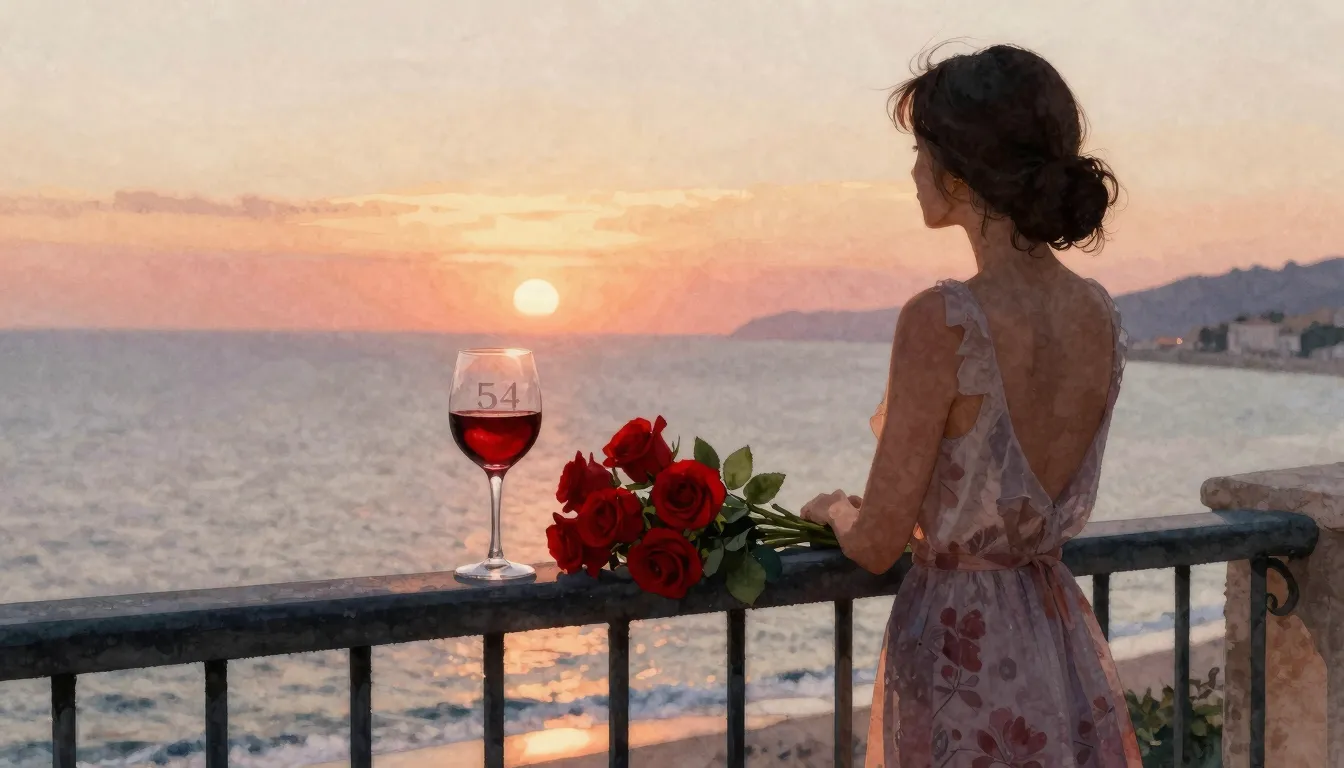 Watercolor style. A silhouette of a woman stands on a balcon...
