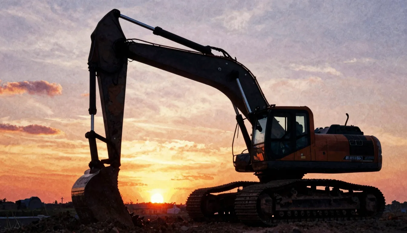 Watercolor style. Silhouette of an excavator against a vibra...