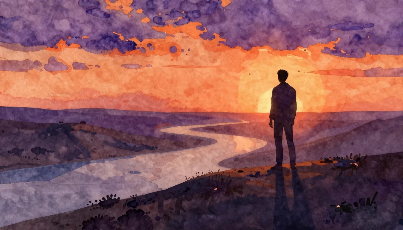 Watercolor style. A silhouette of a man stands on a hill at ...