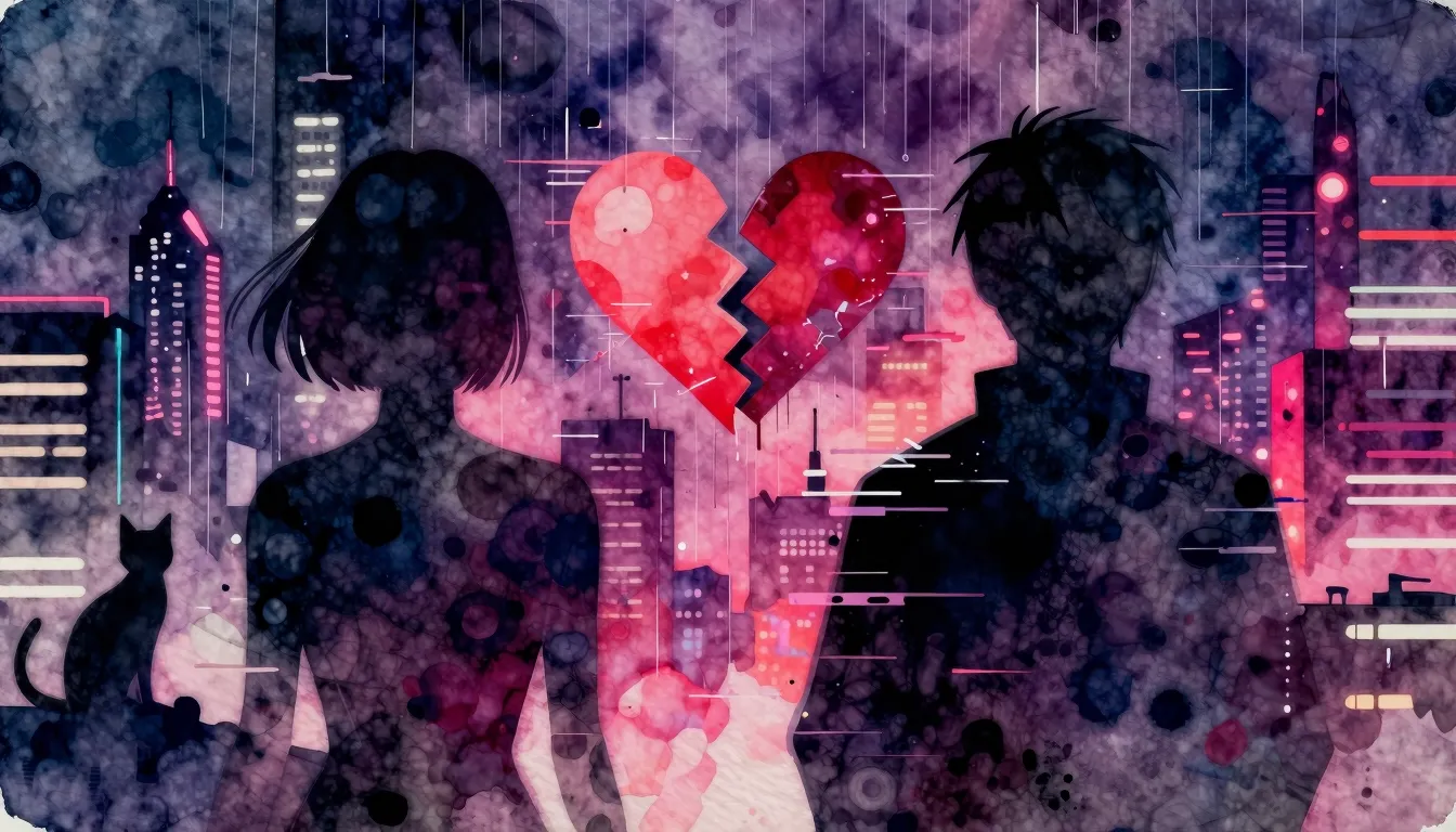 Vibrant watercolor style. Cyberpunk album cover, dark city s...