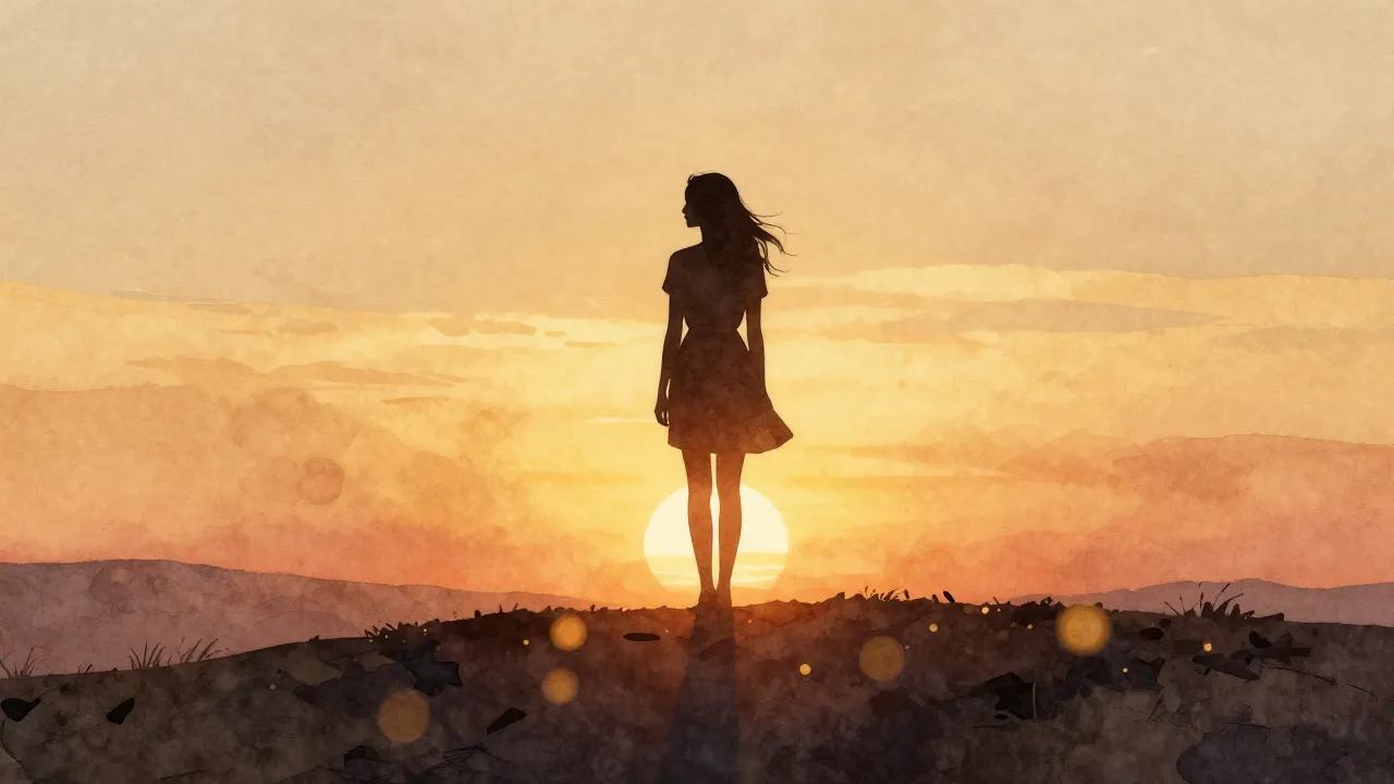 Watercolor style. A silhouette of a woman standing on a hill...