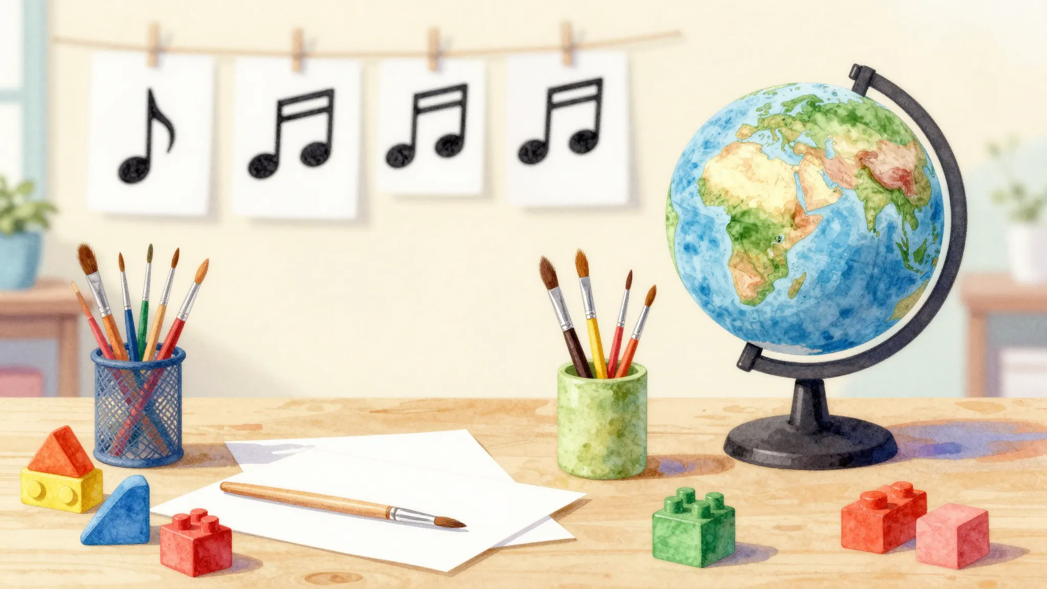 Watercolor style. Bright and colorful children's art studio ...