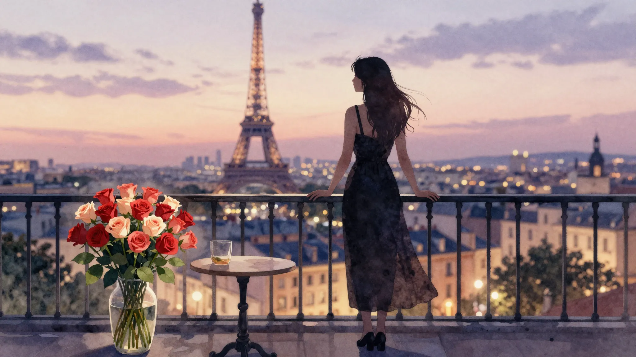 Watercolor style. A silhouette of a woman stands on a balcon...
