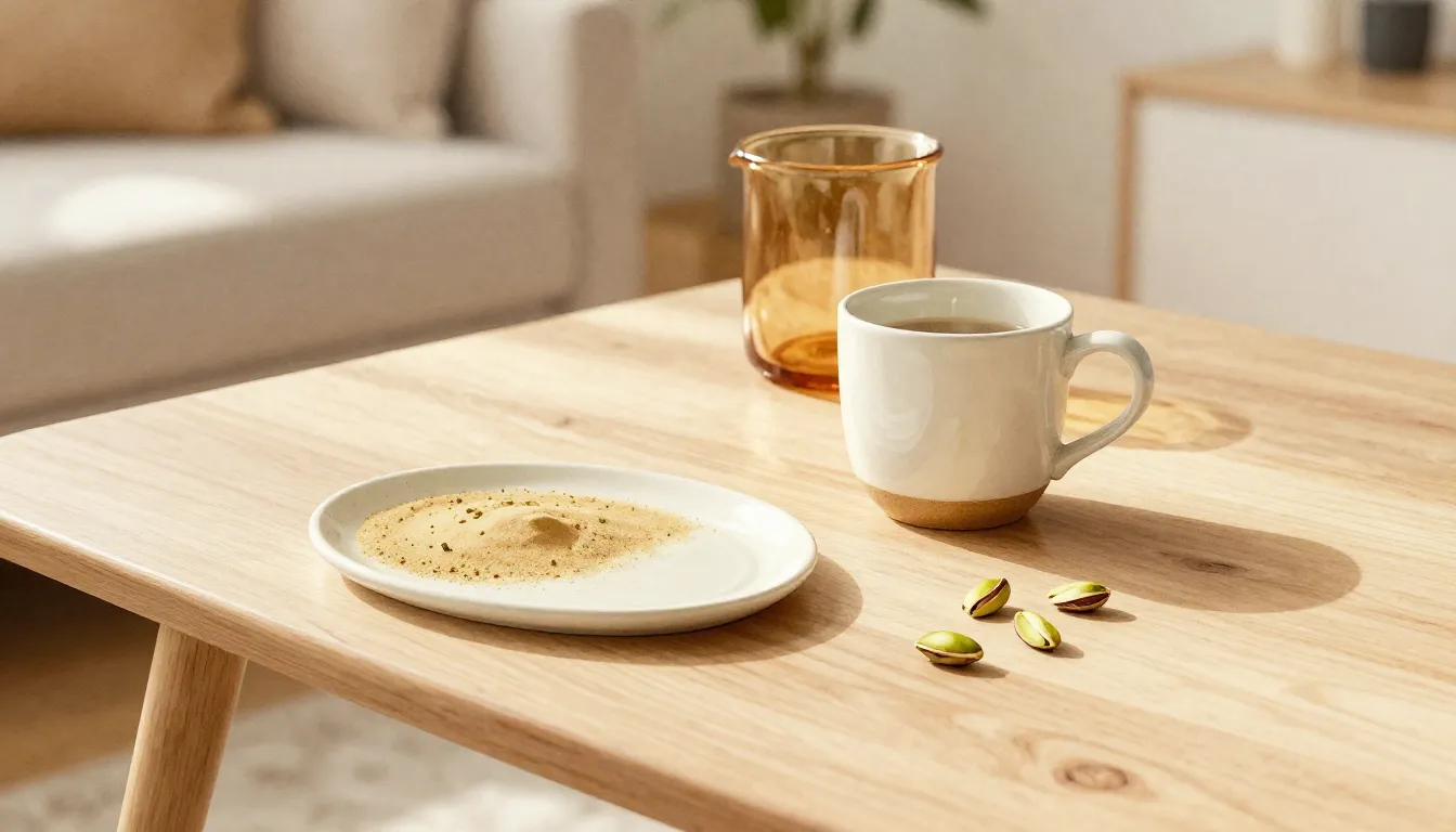 Watercolor style. Cozy living room interior, light wood tabl...