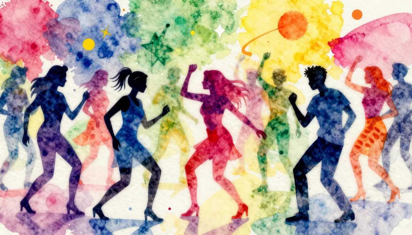 Vibrant watercolor style. A vibrant, chaotic dance party sce...