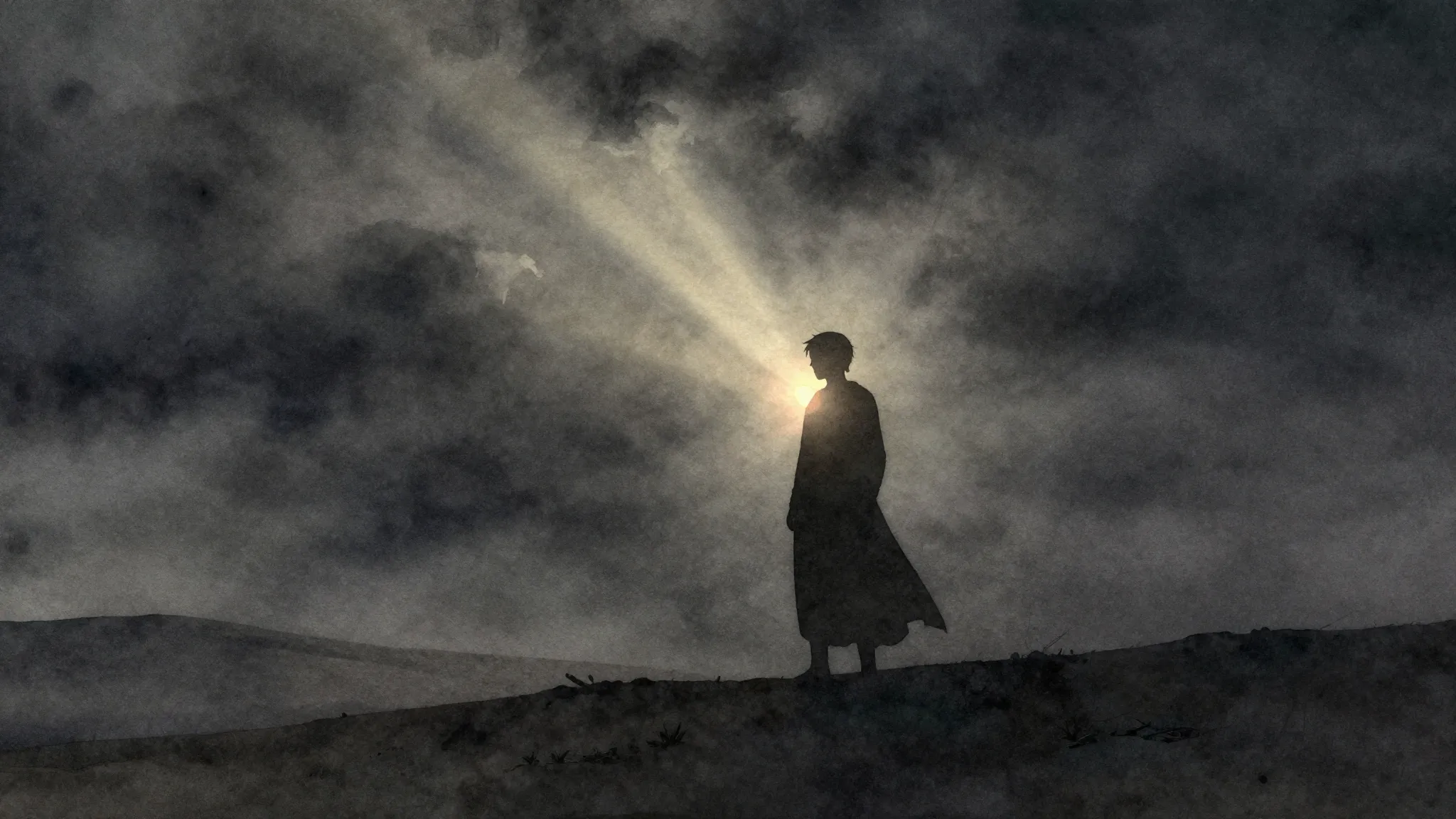 Watercolor style. A lone silhouette stands on a desolate, as...