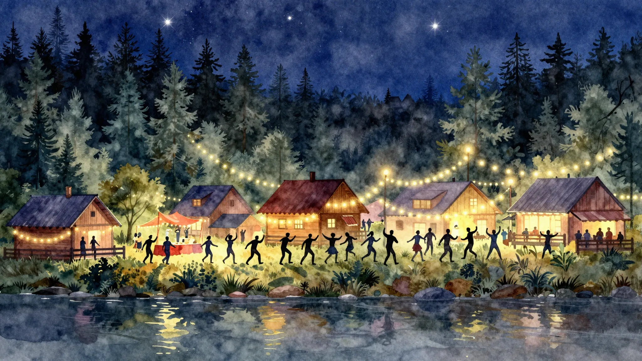 Watercolor style. Silhouette of a lively village festival on...