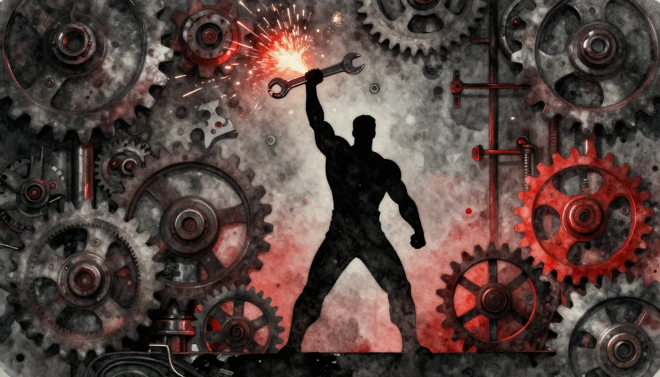 Watercolor style. Dark industrial metal background, silhouet...