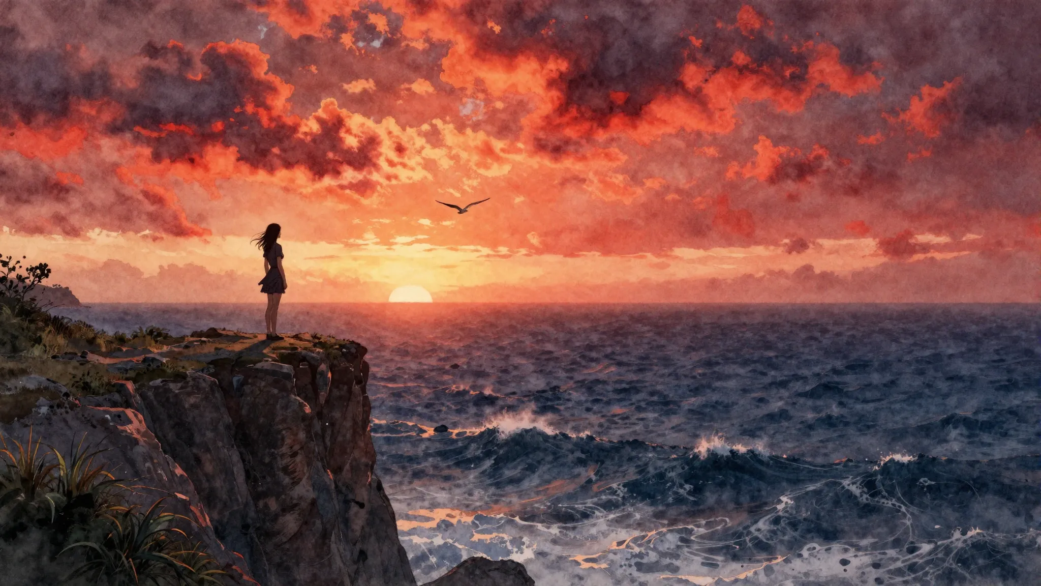 Watercolor style. A silhouette of a woman stands on a cliff ...