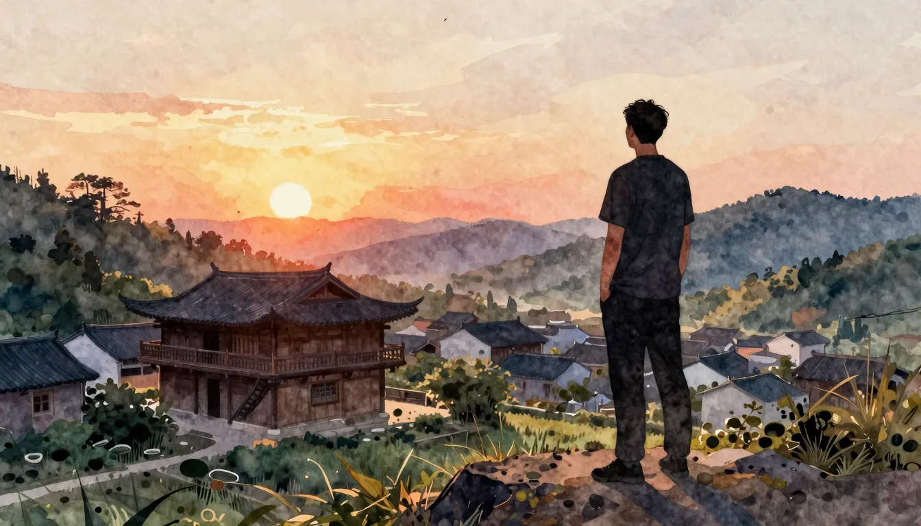 Watercolor style. Silhouette of a man standing on a hill loo...