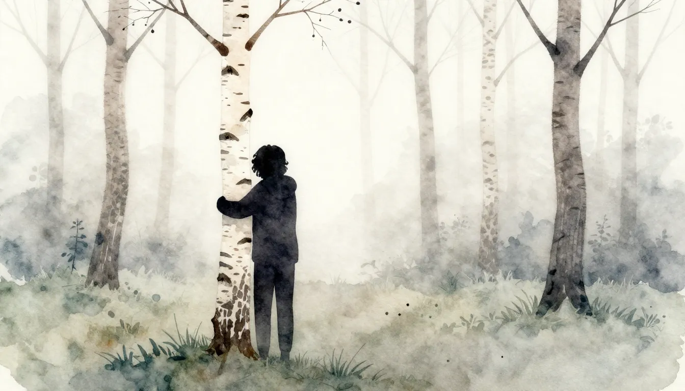 Watercolor style. A dark silhouette of a person embracing a ...