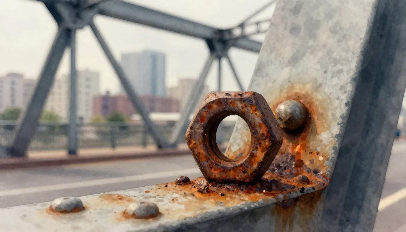 Watercolor style. A close-up of a rusty loose nut on a large...